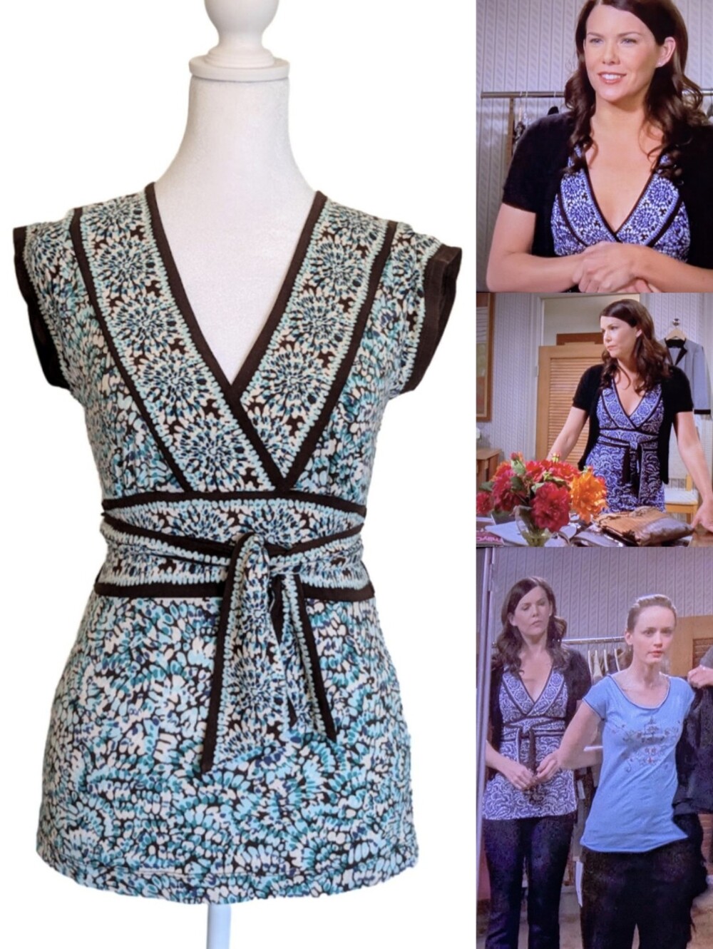 ASO Gilmore Girls Lorelai Wrap Top Abstract V-neck Tunic Size XS Alt Colorway